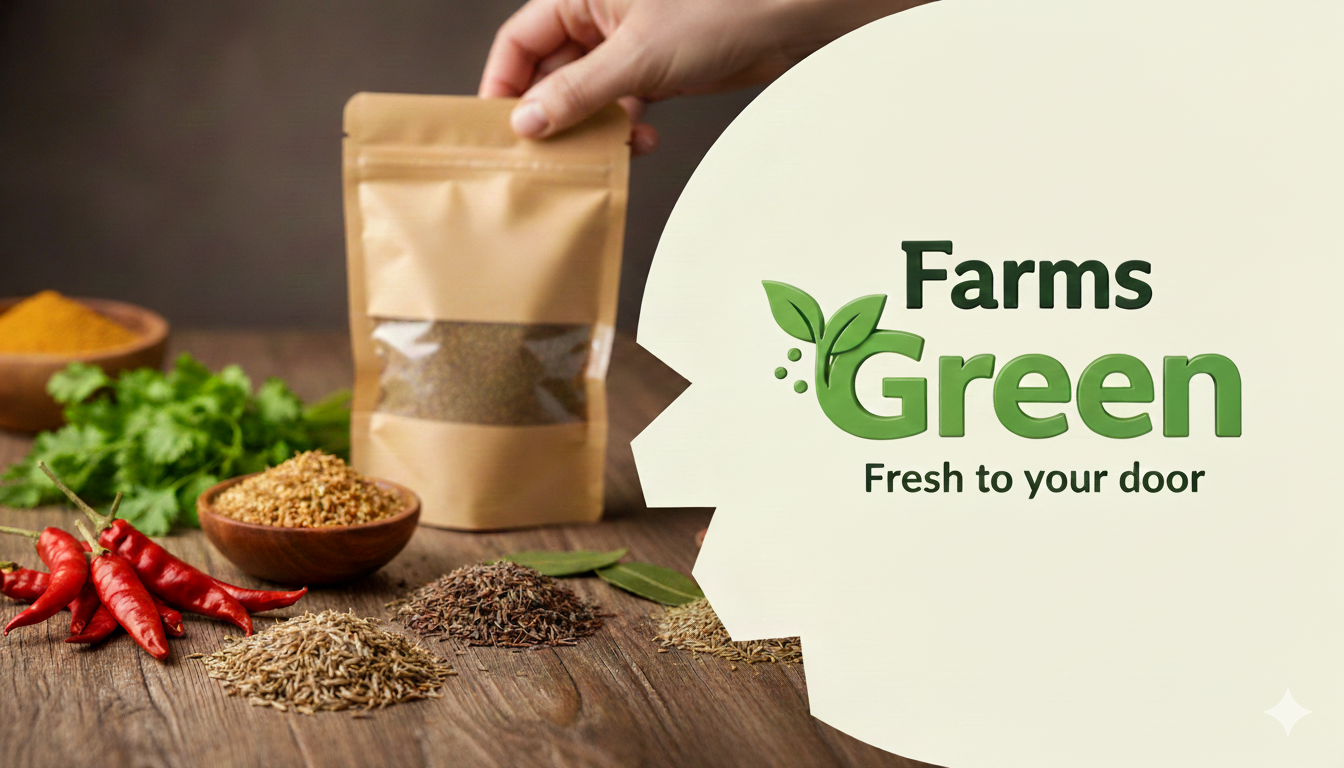 High-quality sealed packaging of Farms Green spices